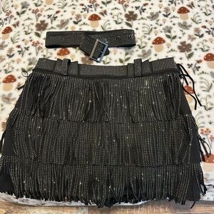Chic Black Fringe Mini skort with Belt